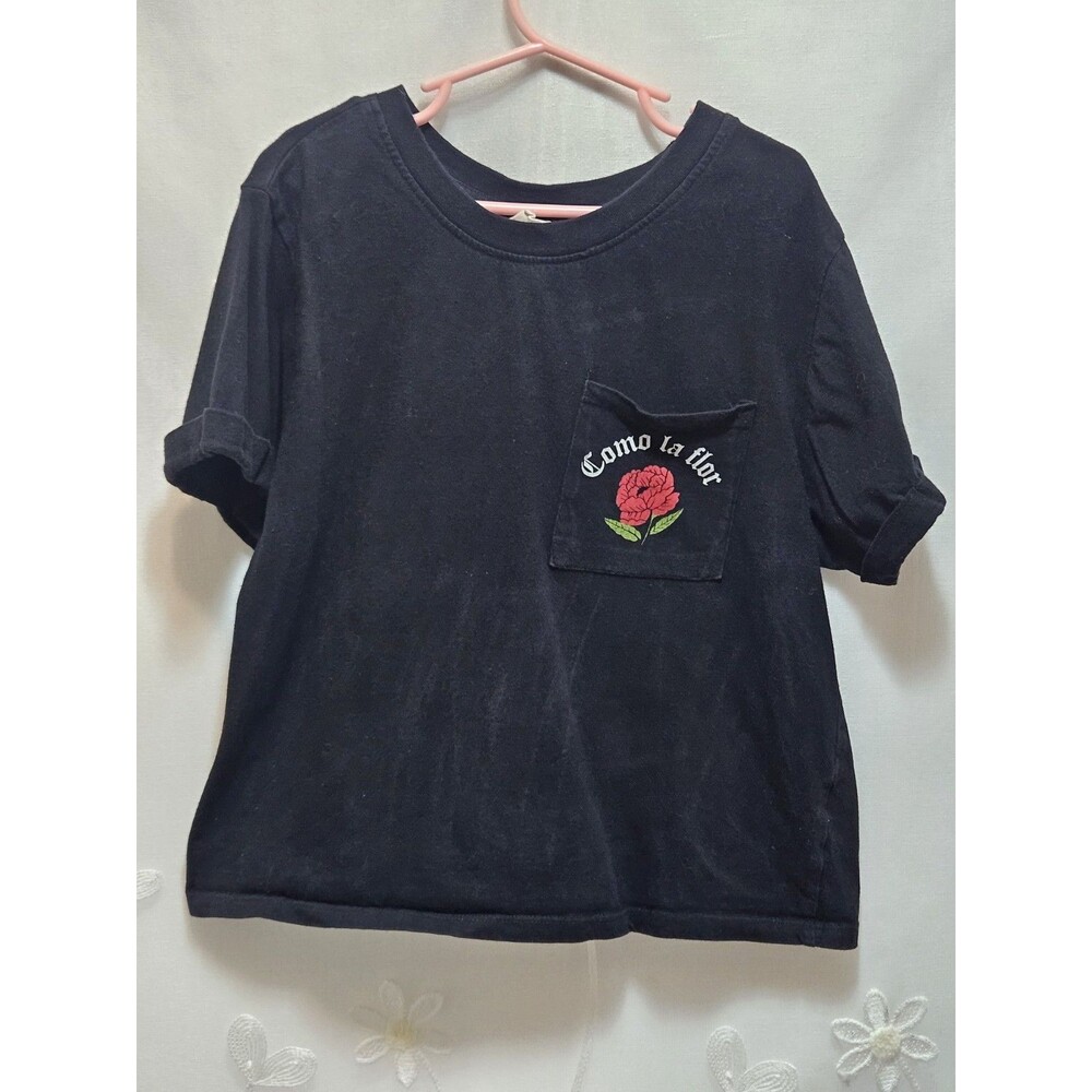 Vibe N' Womens XS Black Crop Top Como La Flor Viva La Bonita Mexican Rose Floral